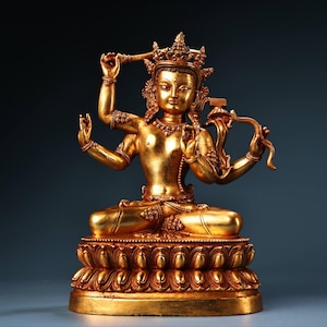 Chinese antique handmade exquisite pure copper high relief engraved four-armed Manjusri Bodhisattva Buddha statue ornaments