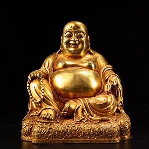 Chinese antique handmade exquisite rare pure copper high relief engraved gilded Maitreya Buddha statue ornaments