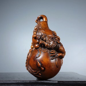 Exquisite Rare Dragon Gourd Statue Ornament Hand Carved Chinese Boxwood