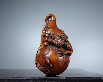 Exquisite Rare Dragon Gourd Statue Ornament Hand Carved Chinese Boxwood