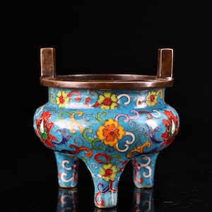 A rare and exquisite handcrafted Chinese antique copper high relief cloisonné enamel three-legged incense burner with two handles