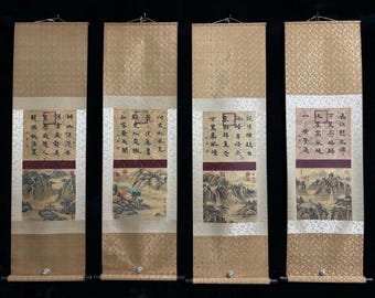 Chinesische Antiquitätensammlung Nr. ZA21: Exquisites vierteiliges Landschaftsgemälde und Kalligrafie