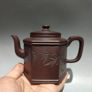 Chinese antique pure hand-painted clay exquisite rare hexagonal engraved teapot purple clay teapot tea set ornaments