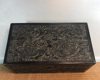Chinese Antique Collection Hand Carved Huge Exquisite Rare Red Sandalwood Two Dragon Playing Bead Pattern Box Ornament
