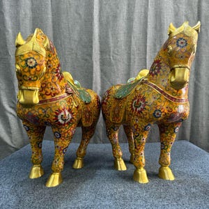A pair of exquisite and rare pure copper cloisonné enamel Tang Dynasty horse statues handcrafted from antique China