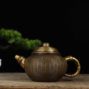 Chinese antique collection hand-carved pure copper bamboo teapot ornaments, Tibetan scripture paper color