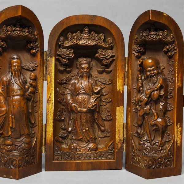 Exquisite und seltene Fu Lu Shou-Ornamente mit drei offenen Schachteln, handgeschnitzt aus chinesischem Buchsbaum