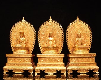 A set of exquisite and rare gilt gilded Western Buddha statues of the Three Saints, handmade from Chinese antiques