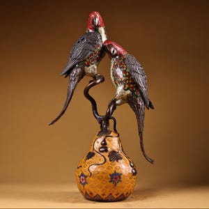 Chinese antique handmade pure copper cloisonne enamel color blessing and luck gourd bird incense burner ornaments