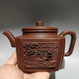 Chinese antique pure hand-painted clay exquisite rare square hollow teapot purple clay teapot tea set ornaments