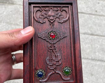 Chinese antique pure hand-carved exquisite rare rosewood inlaid gemstone Fu Lu Shou jewelry box mechanism box ornaments