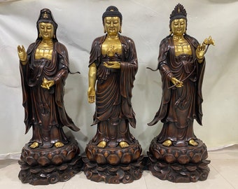 Chinese Antique Handmade Huge Exquisite Rare Gilt Bronze Standing Lotus Western Three Saints Buddha Ornament