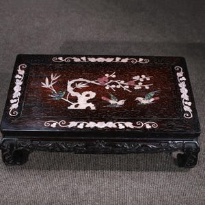 Chinese antique pure hand-carved exquisite rare rosewood inlaid shell flower and bird tea table kang table ornaments