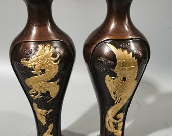 A pair of exquisite and rare pure copper dragon and phoenix vase ornaments handcrafted by Chinese antiques