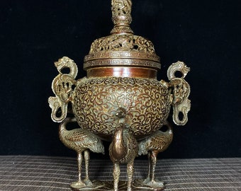 Exquisite and rare pure copper hand-made antique Chinese three-crane and dragon-ear incense burner with lotus pattern