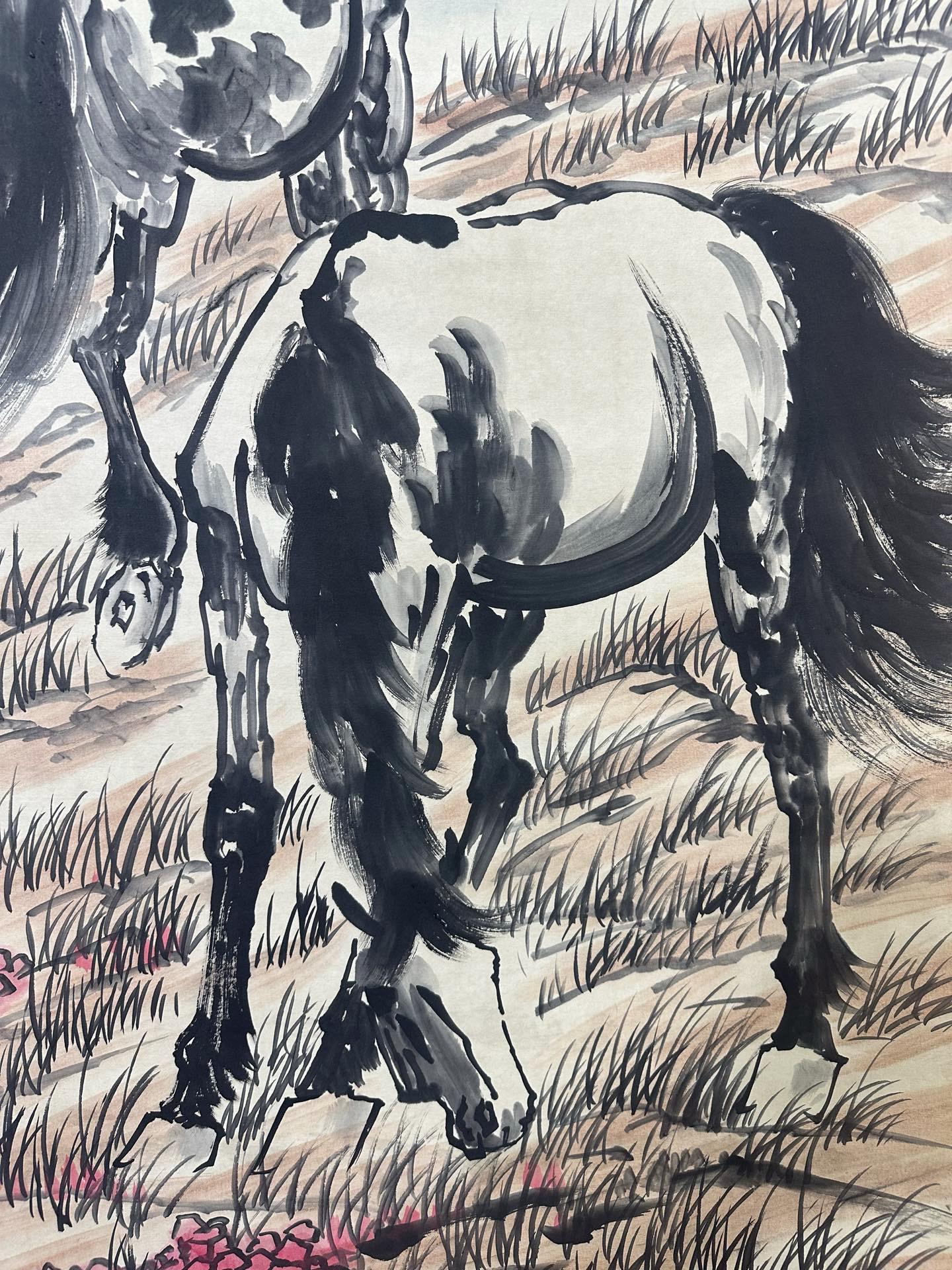 中国骨董品コレクション第AX32号：疾走する馬を描いた精緻な絵画と書