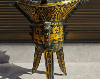 Chinese antique pure hand-made exquisite rare bronze inlaid gold goblet statue ornaments