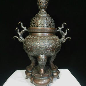 Chinese antique handmade exquisite pure copper Lingzhi Ruyi incense burner ornaments