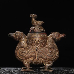 Chinesische antike handgemachte exquisite seltene reine Kupfer Schafe decken Doppel Tierkopf Weihrauch Brenner Ornamente