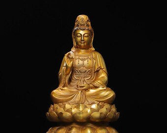 中国のアンティークの手彫り純銅金メッキ観音菩薩仏像装飾、美しい形