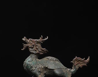 Exquisite handcrafted pure bronze dragon turtle statue from Chinese antiques.