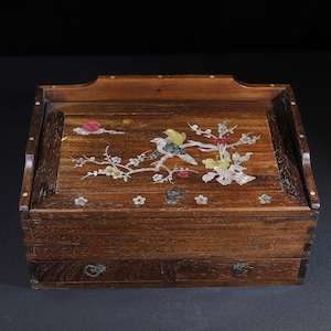 Chinese antique pure hand-carved exquisite rosewood inlaid shell two drawer multi-treasure box jewelry box ornaments