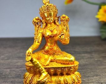 Exquisite and rare pure copper gilt green Tara Buddha statue made by Chinese antiques