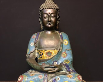 Exquisite, handcrafted antique-style solid copper and cloisonné Shakyamuni Buddha figurine.