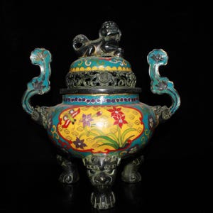 Chinese antique handmade pure copper cloisonné filigree double-eared orchid three-legged lion incense burner ornaments