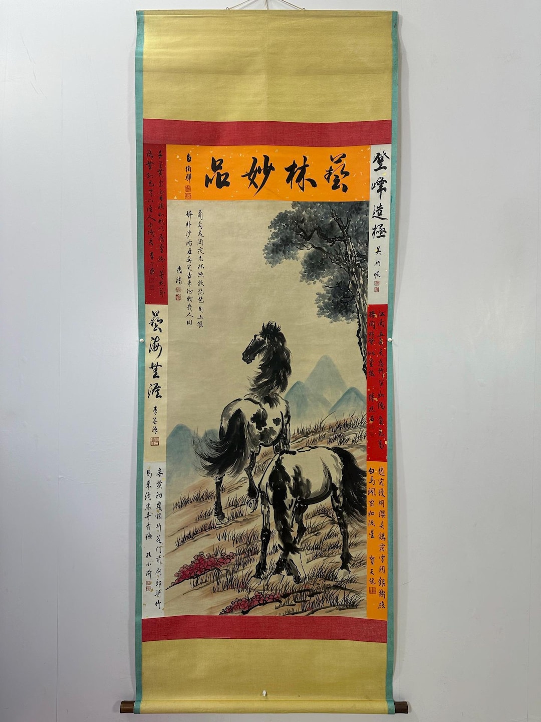中国骨董品コレクション第AX32号：疾走する馬を描いた精緻な絵画と書