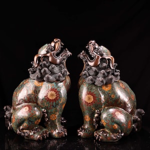 A pair of exquisite and rare Chinese antique hand-crafted pure copper high relief cloisonné enamel painted sky-roaring incense burners