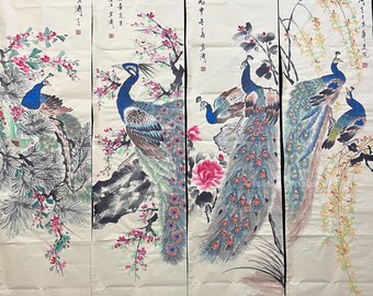 Chinese Antique Collection No. WB20: Exquisite Four-Panel Peacock Painting and Calligraphy Set