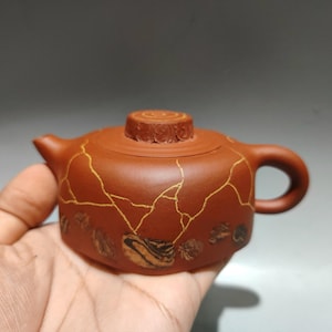 Chinese antique pure hand-painted clay exquisite rare hexagonal teapot purple clay teapot tea set ornaments