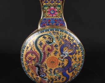Exquisite Chinese antique enamel-painted hexagonal vase with floral and bird design, entirely handcrafted.