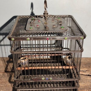 Chinese antique hand carved exquisite rare ebony inlaid gems Beijing style bamboo birdcage ornaments