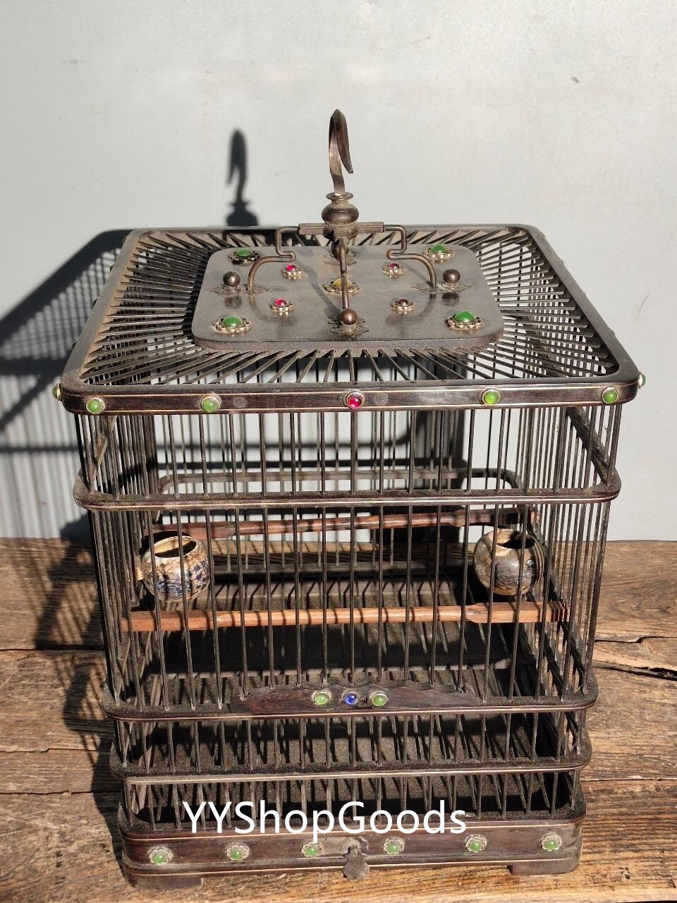 Chinese antique hand carved exquisite rare ebony inlaid gems Beijing style bamboo birdcage ornaments