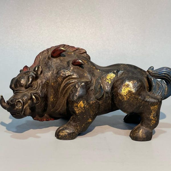 Chinese antique handmade exquisite rare pure copper rubbing gold painted lucky wild boar statue ornaments