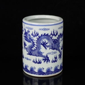 Exquisite and Rare Blue and White Double Dragon Playing Bead Pattern Pen Holder Ornament Painted by Chinese Antiques