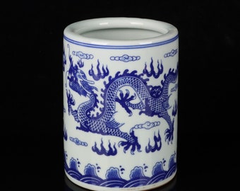 Exquisite and Rare Blue and White Double Dragon Playing Bead Pattern Pen Holder Ornament Painted by Chinese Antiques