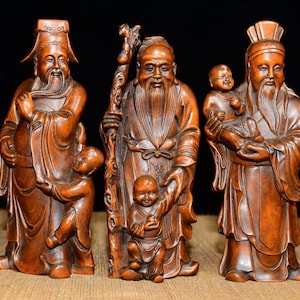 Exquisite and rare Fu Lu Shou statuette hand-carved from Chinese boxwood