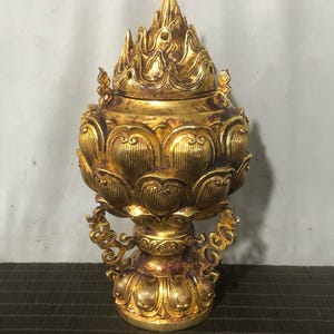 Chinese antique pure hand-made exquisite rare copper lotus volcano auspicious beast incense burner ornaments