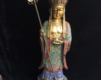 Exquisite handcrafted pure copper cloisonné Ksitigarbha Buddha statue from Chinese antiques.