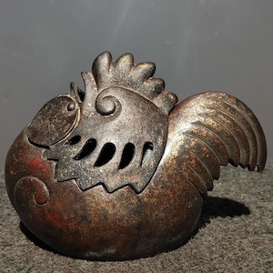 Chinese antique handmade exquisite pure copper golden rooster welcoming spring incense burner ornaments