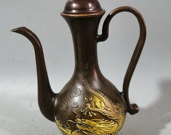 Chinese antique collection of exquisite and rare pure copper gilt lotus dragon and phoenix teapot ornaments