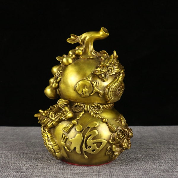 Exquise et rare statue de dragon et de calebasse de bon augure en cuivre pur fabriquée à partir d'antiquités chinoises