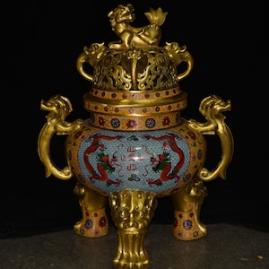 Large Chinese antique handmade pure copper cloisonné filigree double-handled three-legged dragon head incense burner ornaments