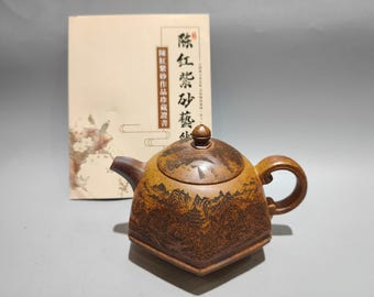 Exquisita y rara tetera/tetera/adorno de tetera de arcilla púrpura hexagonal antigua china, decorada con arcilla pintada a mano.