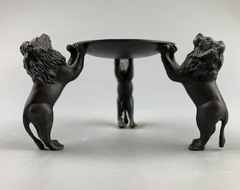 Chinese antique handmade pure copper carving 3 lion candle holders，Beautifully shaped, worthy of collection