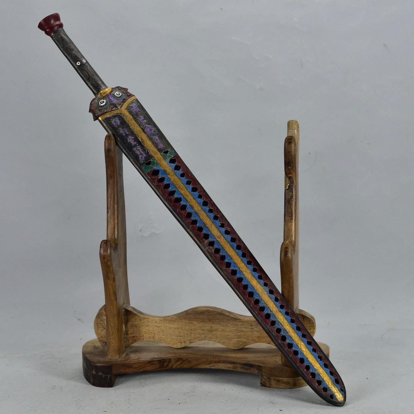 Chinese antique pure handmade large exquisite rare bronze gilt painted sword statue ornaments