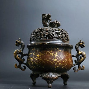 Chinese antique handcrafted exquisite rare pure copper double dragon ear incense burner ornaments